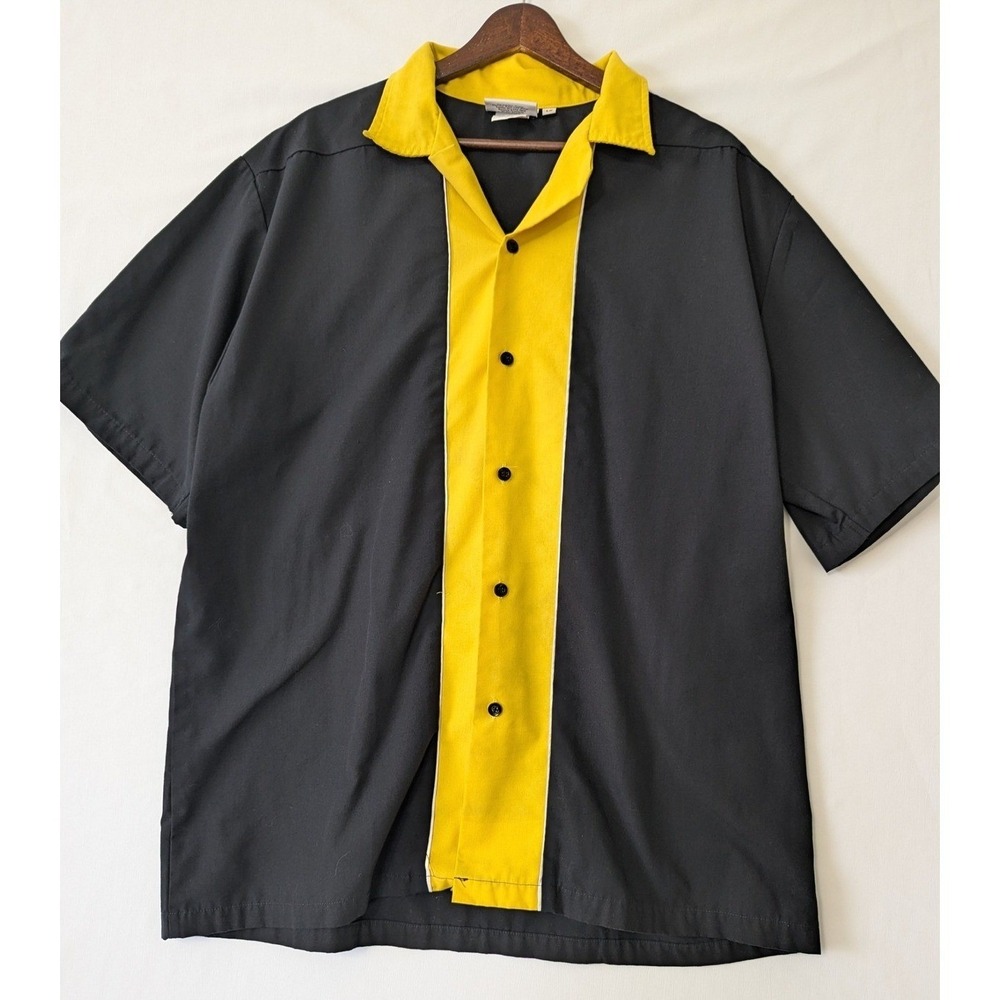 Cruisin USA Mens Bowling Shirt Large Black Yellow Colorblock Retro Rockabilly LG
